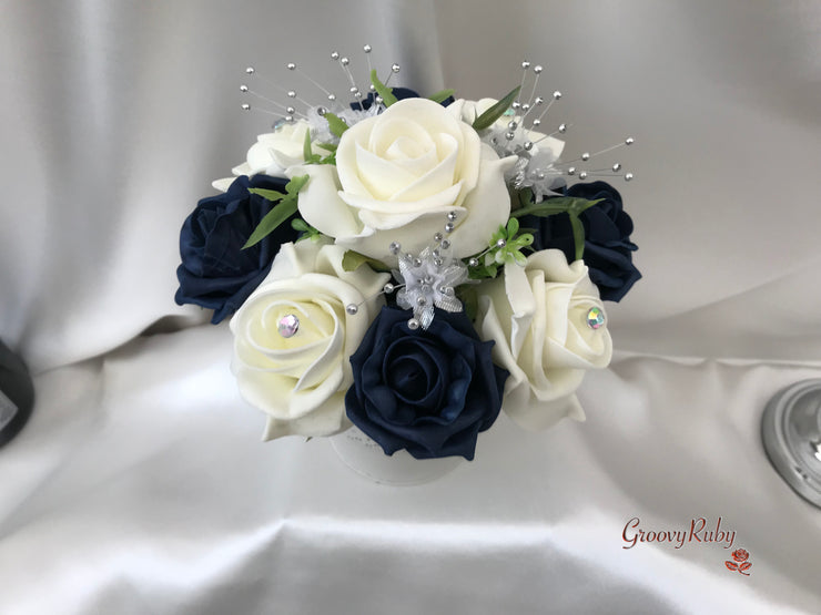 Navy & Ivory Rose With Silver & Crystal Butterfly