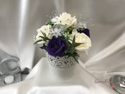Bucket Arrangement With Purple & Ivory Roses & Babies Breath