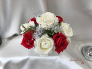 Bucket Arrangement With Red & Ivory Roses & Babies Breath