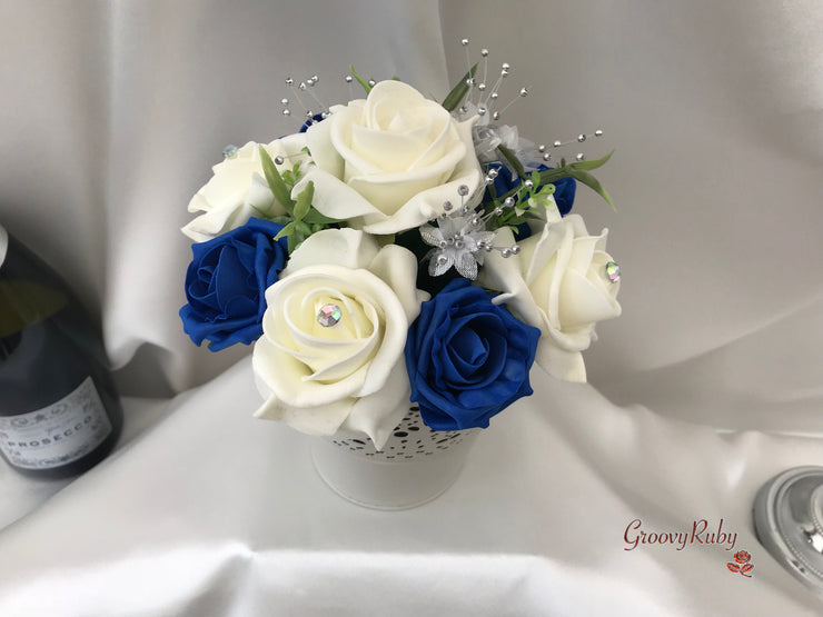 Royal Blue & Ivory Rose With Silver & Crystal Butterfly