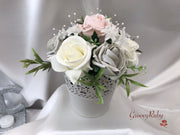 Mocha Pink & Silver Roses With Delicate Heart Brooch