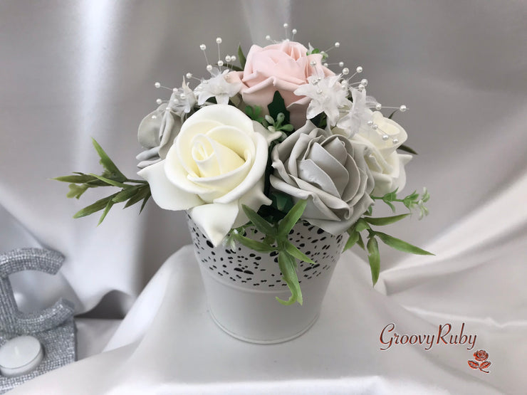 Mocha Pink & Silver Roses With Delicate Heart Brooch