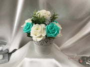 Bucket Arrangement With Tiffany Blue & Ivory Roses & Babies Breath