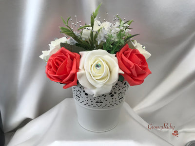 Bucket Arrangement With Coral & Ivory Roses & Babies Breath