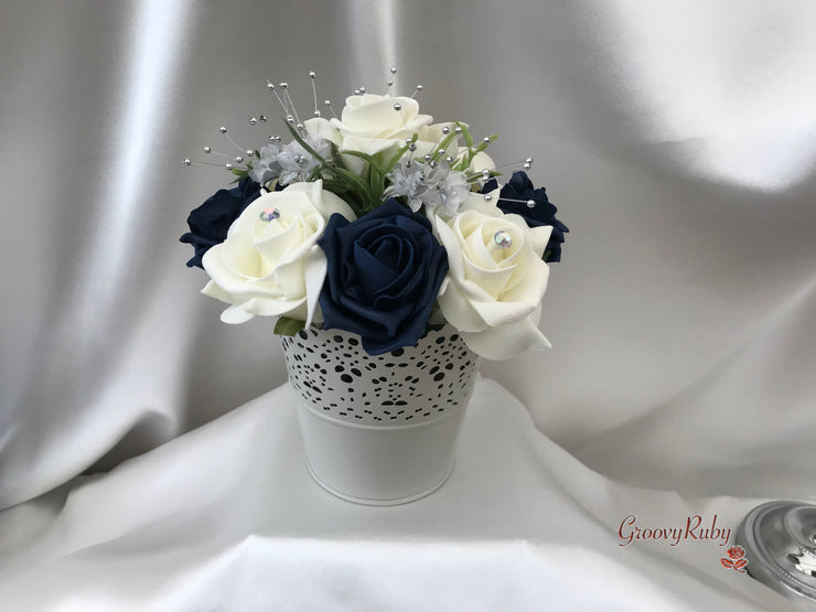 Navy & Ivory Rose With Silver & Crystal Butterfly