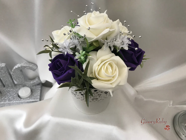 Bucket Arrangement With Purple & Ivory Roses & Babies Breath