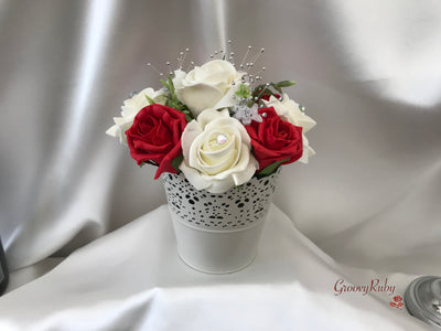 Bucket Arrangement With Red & Ivory Roses & Babies Breath
