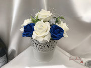 Bucket Arrangement With Royal Blue & Ivory Roses & Babies Breath