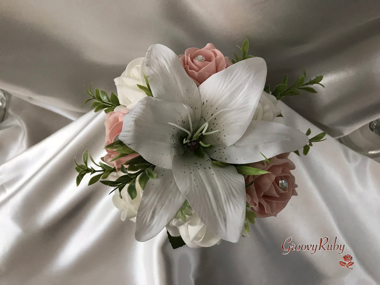 Bucket Arrangement With Vintage Peach Roses & White Tiger Lilies