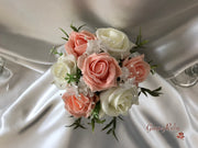 Bucket Arrangement With Peach & Ivory Roses & Ivory Babies Breath