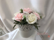 Bucket Arrangement With Blush Pink & Ivory Roses & Ivory Babies Breath