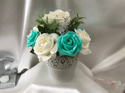 Bucket Arrangement With Tiffany Blue & Ivory Roses & Babies Breath