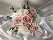 Bucket Arrangement With Vintage Peach & Ivory Roses & Ivory Babies Breath