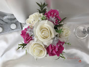 Bucket Arrangement With Hot Pink & Ivory Roses & Babies Breath