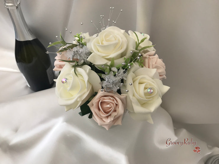 Mocha Pink & Ivory Rose With Silver & Crystal Butterfly