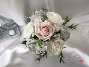 Bucket Arrangement With Mocha Pink, Silver & Ivory Roses & Babies Breath