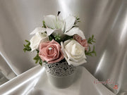 Bucket Arrangement With Vintage Peach Roses & White Tiger Lilies