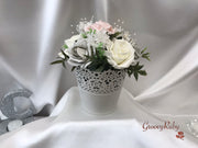 Bucket Arrangement With Mocha Pink, Silver & Ivory Roses & Babies Breath