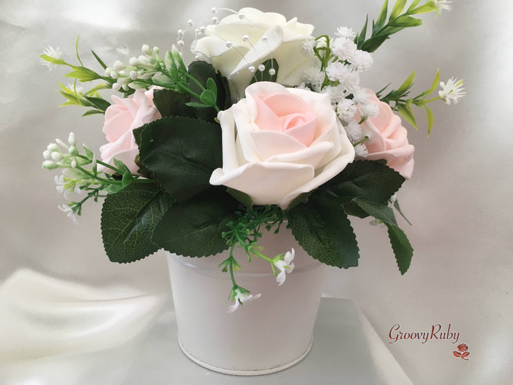 Blush Pink & Ivory Roses With Gypsophila & Pearl Sprays
