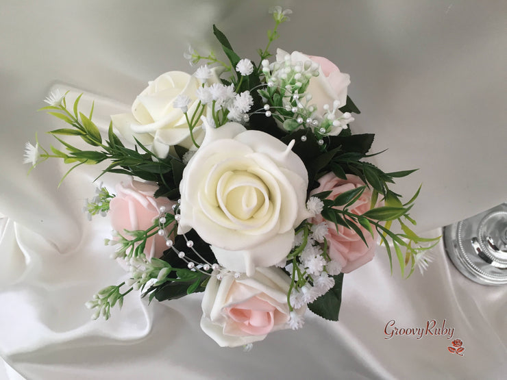 Blush Pink & Ivory Roses With Gypsophila & Pearl Sprays