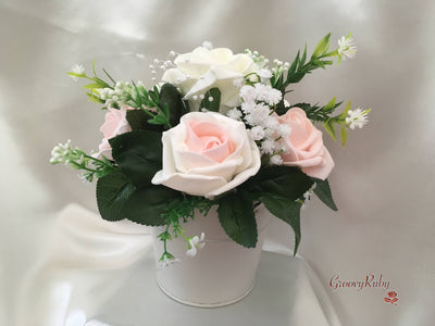 Ivory Bucket Arrangement With Blush Pink & Ivory Roses With Pearls