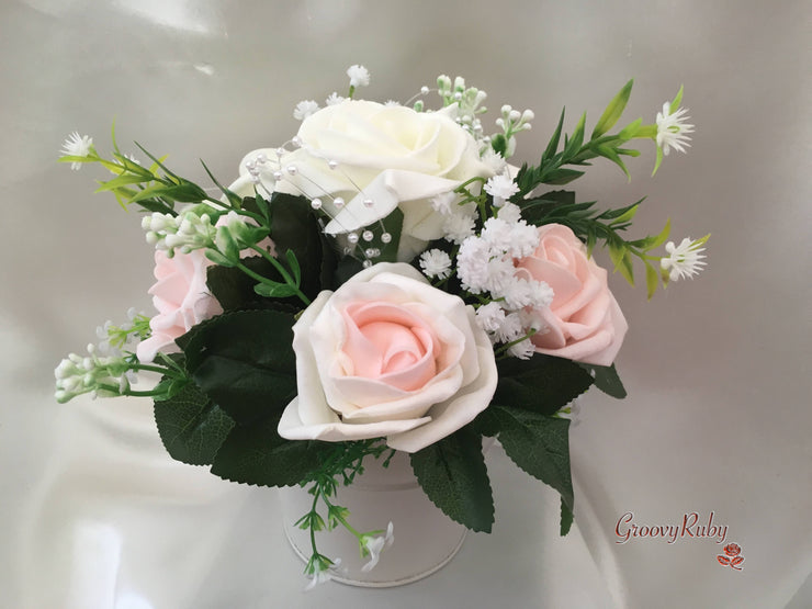 Blush Pink & Ivory Roses With Gypsophila & Pearl Sprays