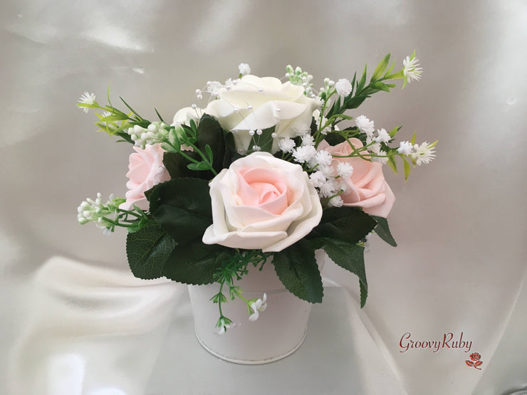 Ivory Bucket Arrangement With Blush Pink & Ivory Roses With Pearls