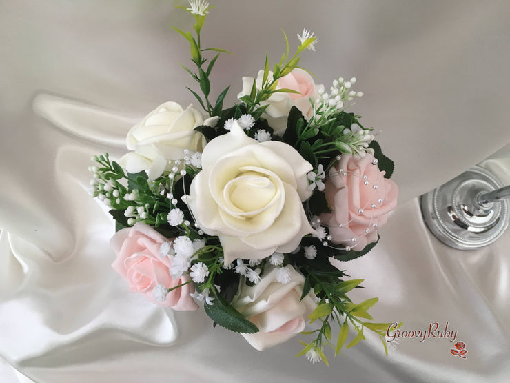Blush Pink & Ivory Roses With Gypsophila & Pearl Sprays