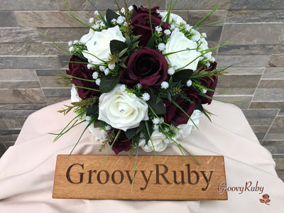 Burgundy Silk & Ivory Roses With Gypsophila *Limited Edition*