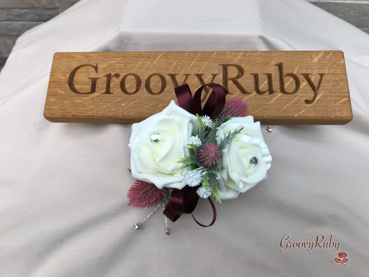 Burgundy Thistle With Foam Roses & Gypsophila