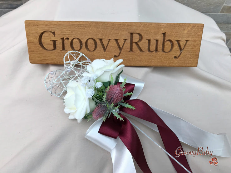 Burgundy Thistle With Foam Roses & Gypsophila