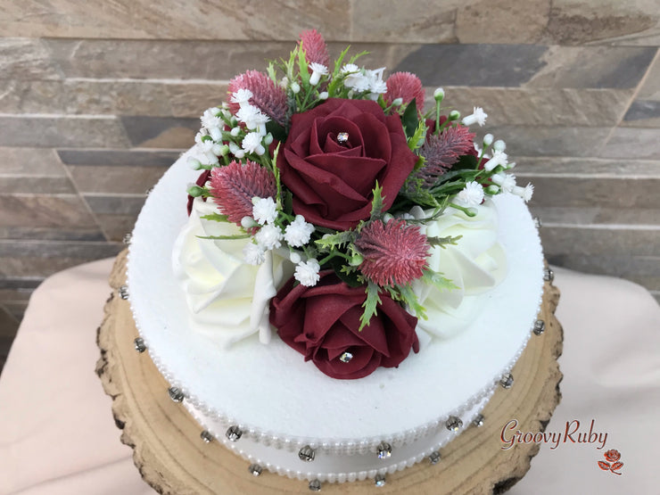 Burgundy Thistle With Foam Roses & Gypsophila