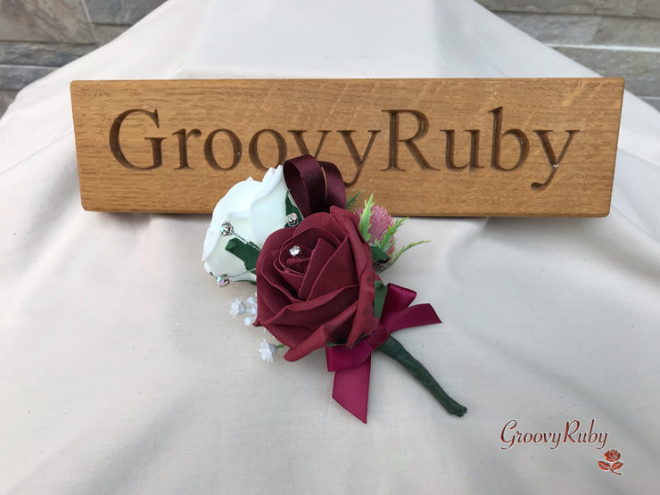 Burgundy Thistle With Foam Roses & Gypsophila