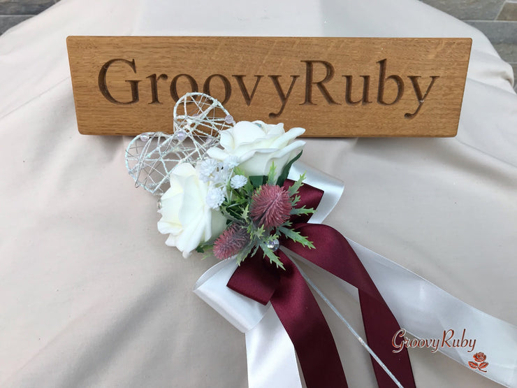 Burgundy Thistle With Foam Roses & Gypsophila