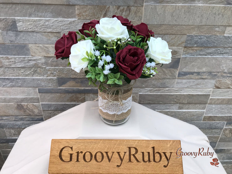 Burgundy Thistle With Foam Roses & Gypsophila