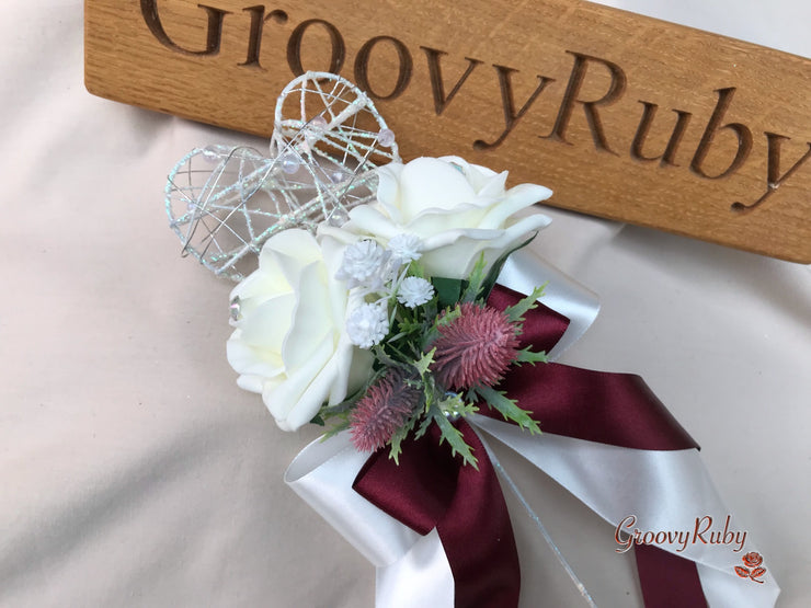 Burgundy Thistle With Foam Roses & Gypsophila