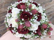 Burgundy Thistle With Foam Roses & Gypsophila