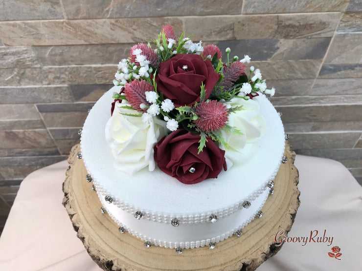 Burgundy Thistle With Foam Roses & Gypsophila