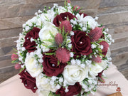 Burgundy Thistle With Foam Roses & Gypsophila