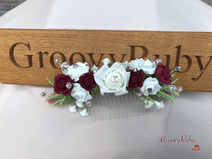 Burgundy Thistle With Foam Roses & Gypsophila