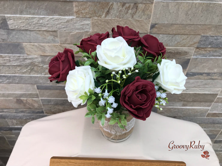 Burgundy Thistle With Foam Roses & Gypsophila