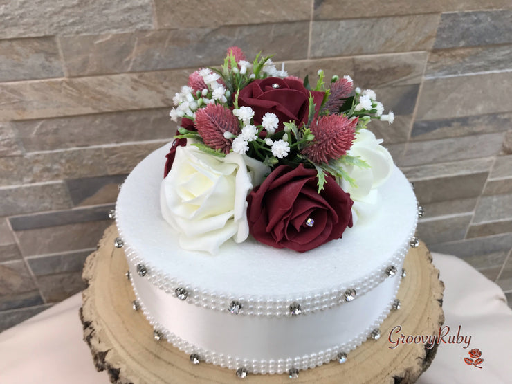 Burgundy Thistle With Foam Roses & Gypsophila