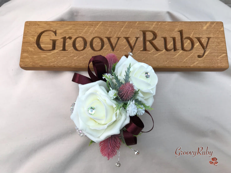 Burgundy Thistle With Foam Roses & Gypsophila