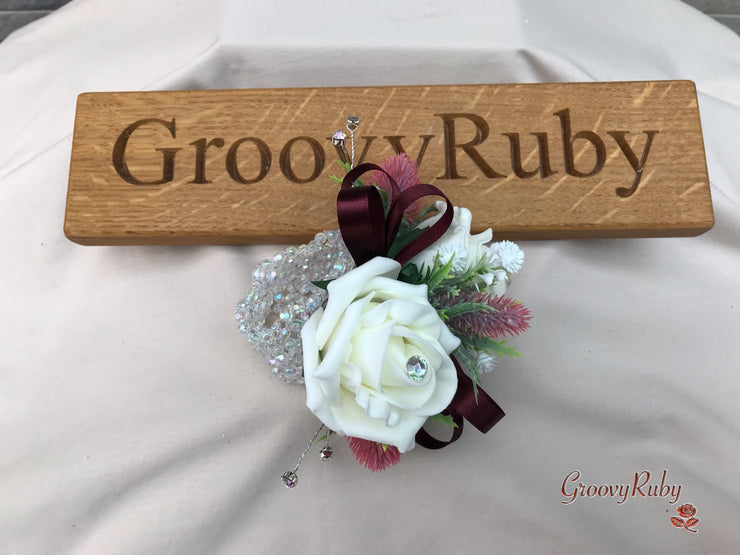 Burgundy Thistle With Foam Roses & Gypsophila