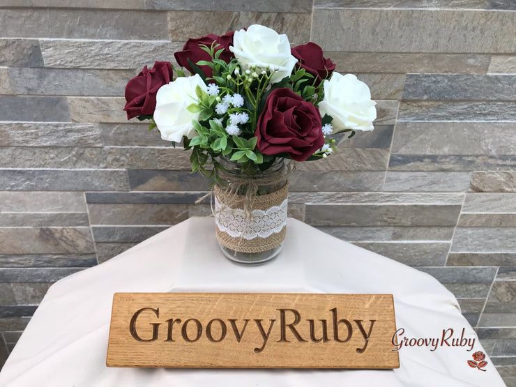 Burgundy Thistle With Foam Roses & Gypsophila
