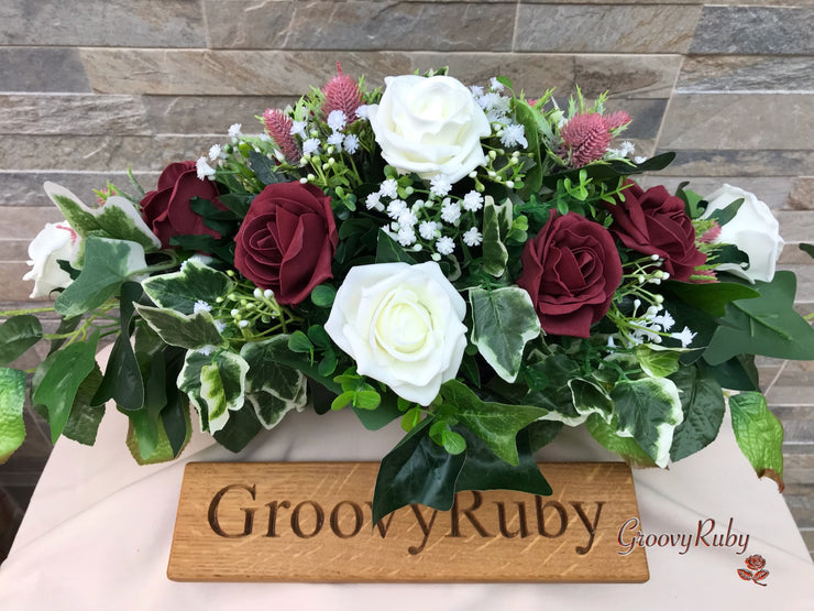 Burgundy Thistle With Foam Roses & Gypsophila
