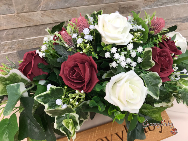 Burgundy Thistle With Foam Roses & Gypsophila