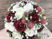 Burgundy Thistle With Foam Roses & Gypsophila