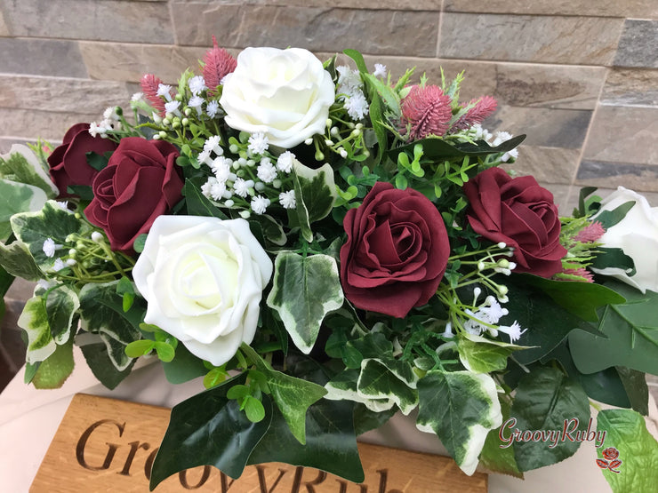 Burgundy Thistle With Foam Roses & Gypsophila