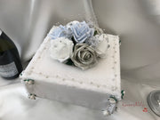Ice Blue, Silver & White Roses With Delicate Heart Brooch